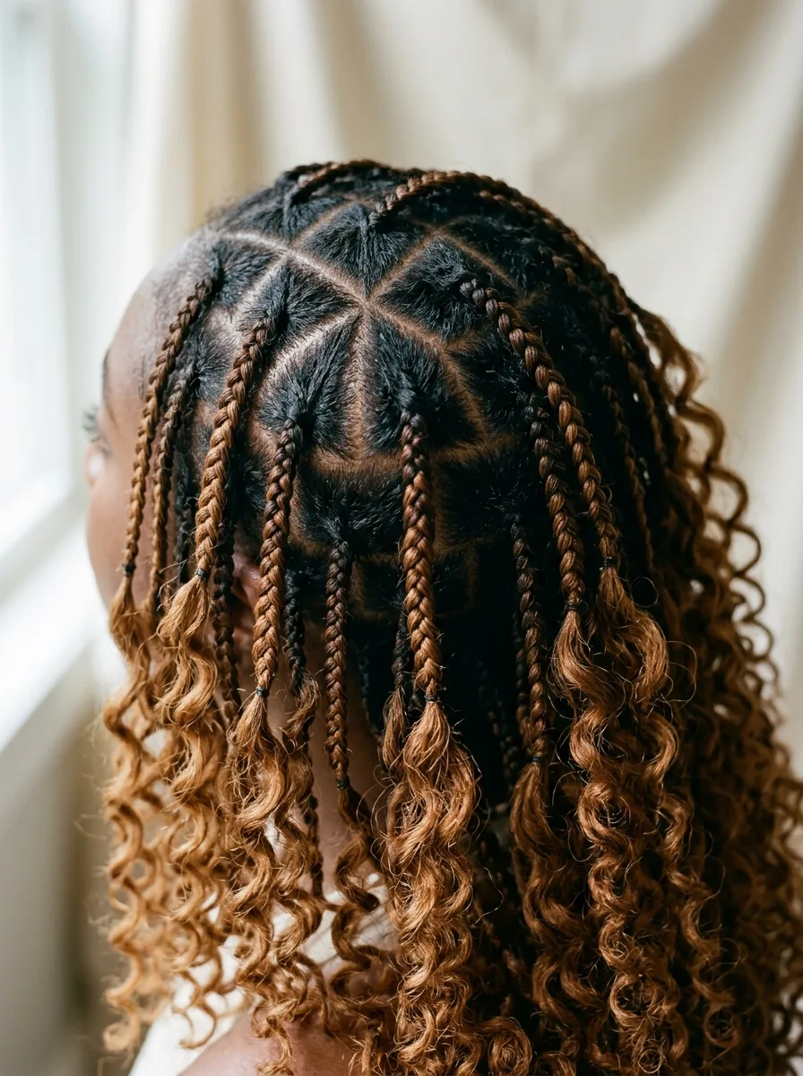 Macro close-up of triangle-parted boho box braids transitioning into loosely spiraled caramel-toned curls.