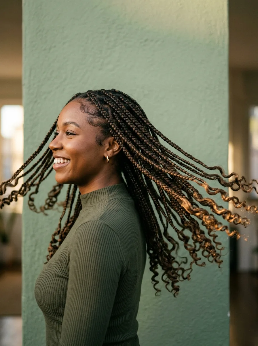 Side profile of long boho box braids swinging mid-turn, showing smooth braided lengths ending in springy curls.