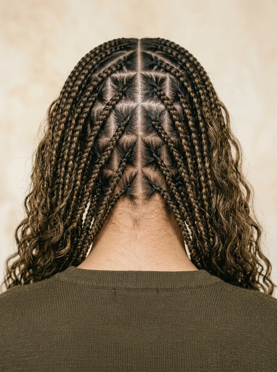 Back view of a full boho box braid part pattern, center-parted triangle sections tapering into curly ends.