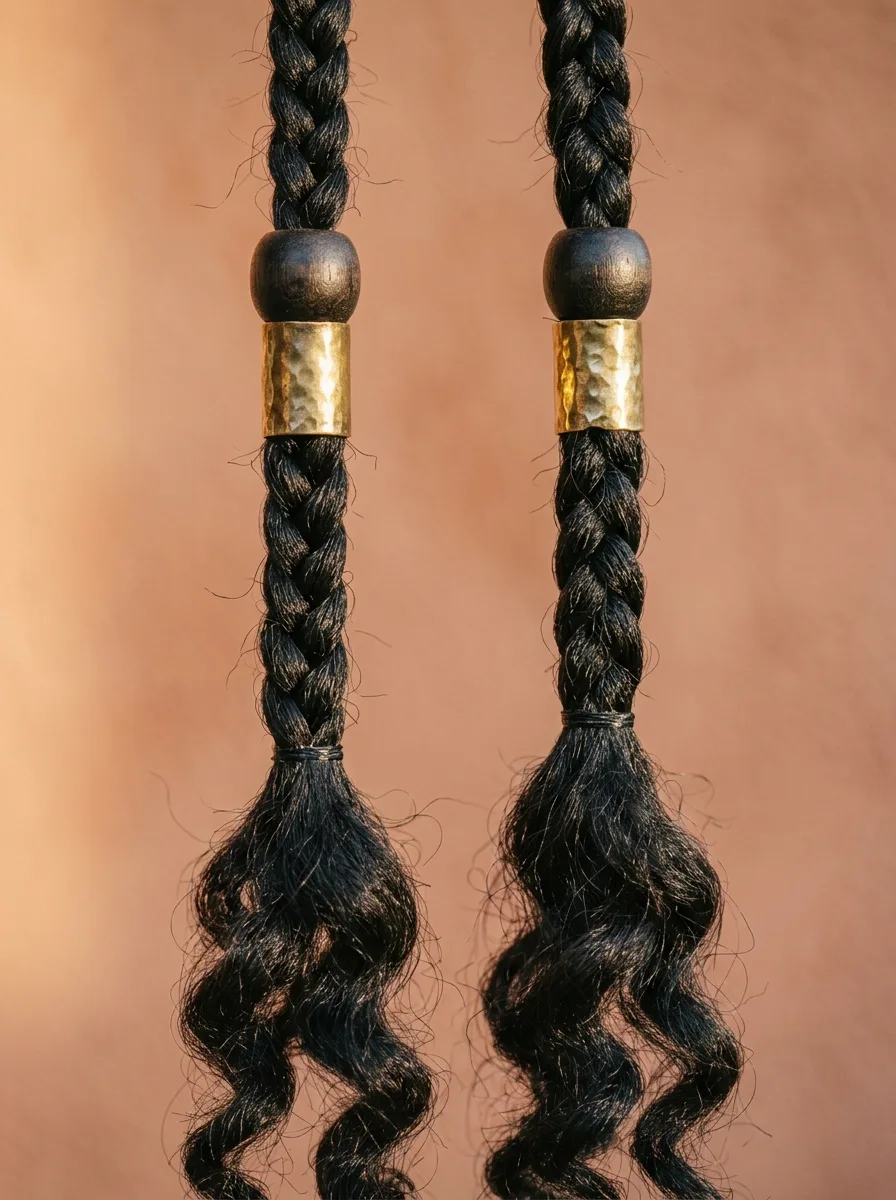 Macro detail of wood beads and a brass cuff threaded onto boho box braids above the curly ends.