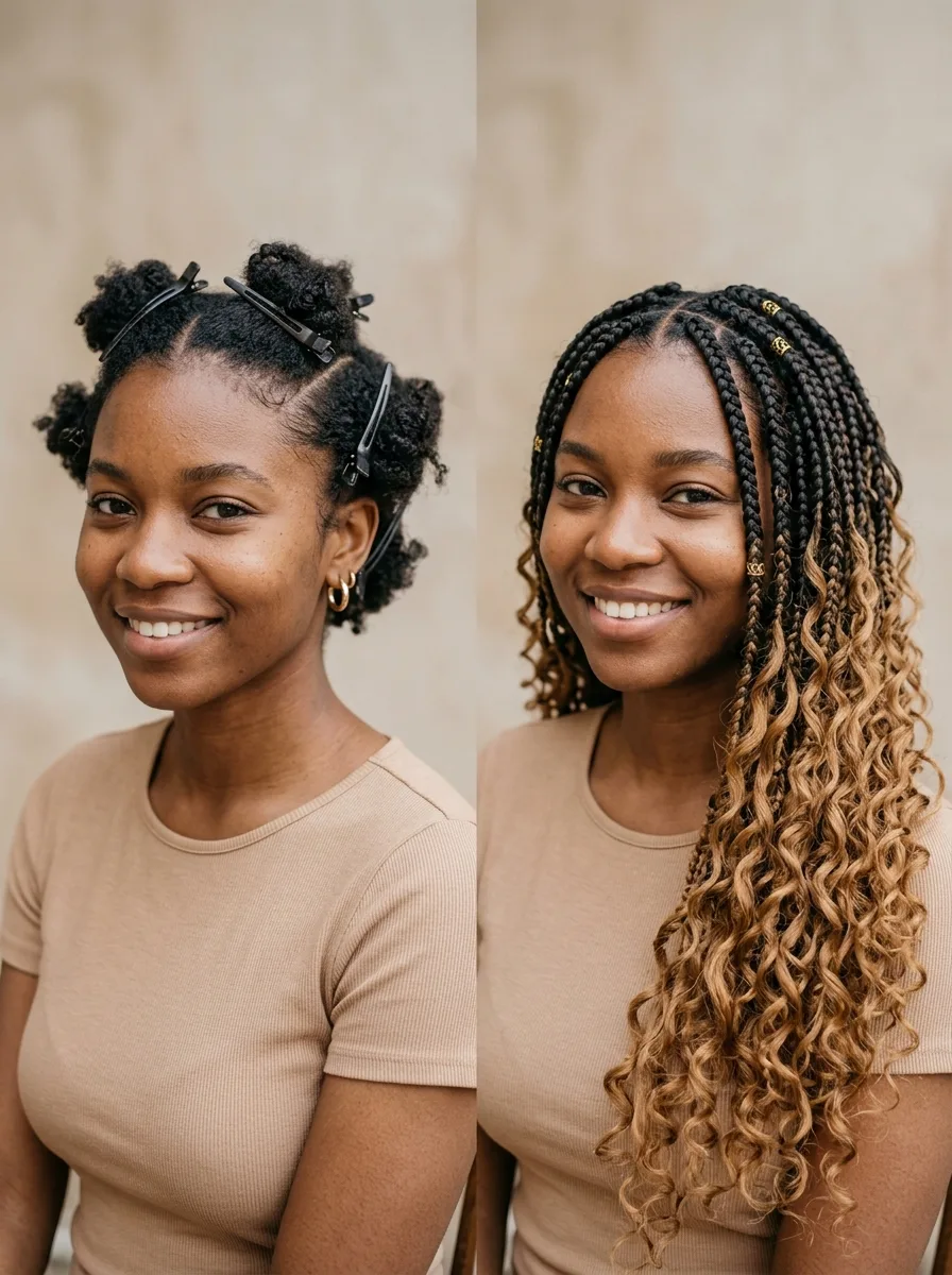 Before-and-after comparison of natural hair sectioned for braiding next to the finished boho box braid result.