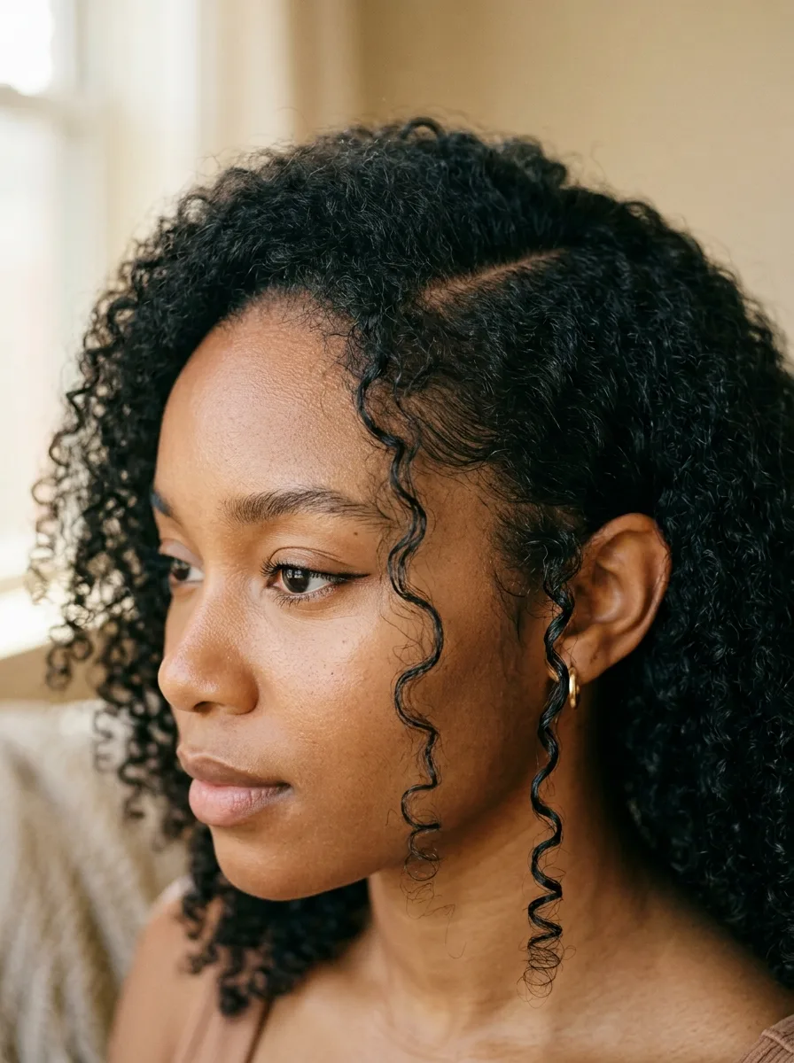 Close-up of a deep side part with soft, unbraided curly face-framing pieces at the hairline.