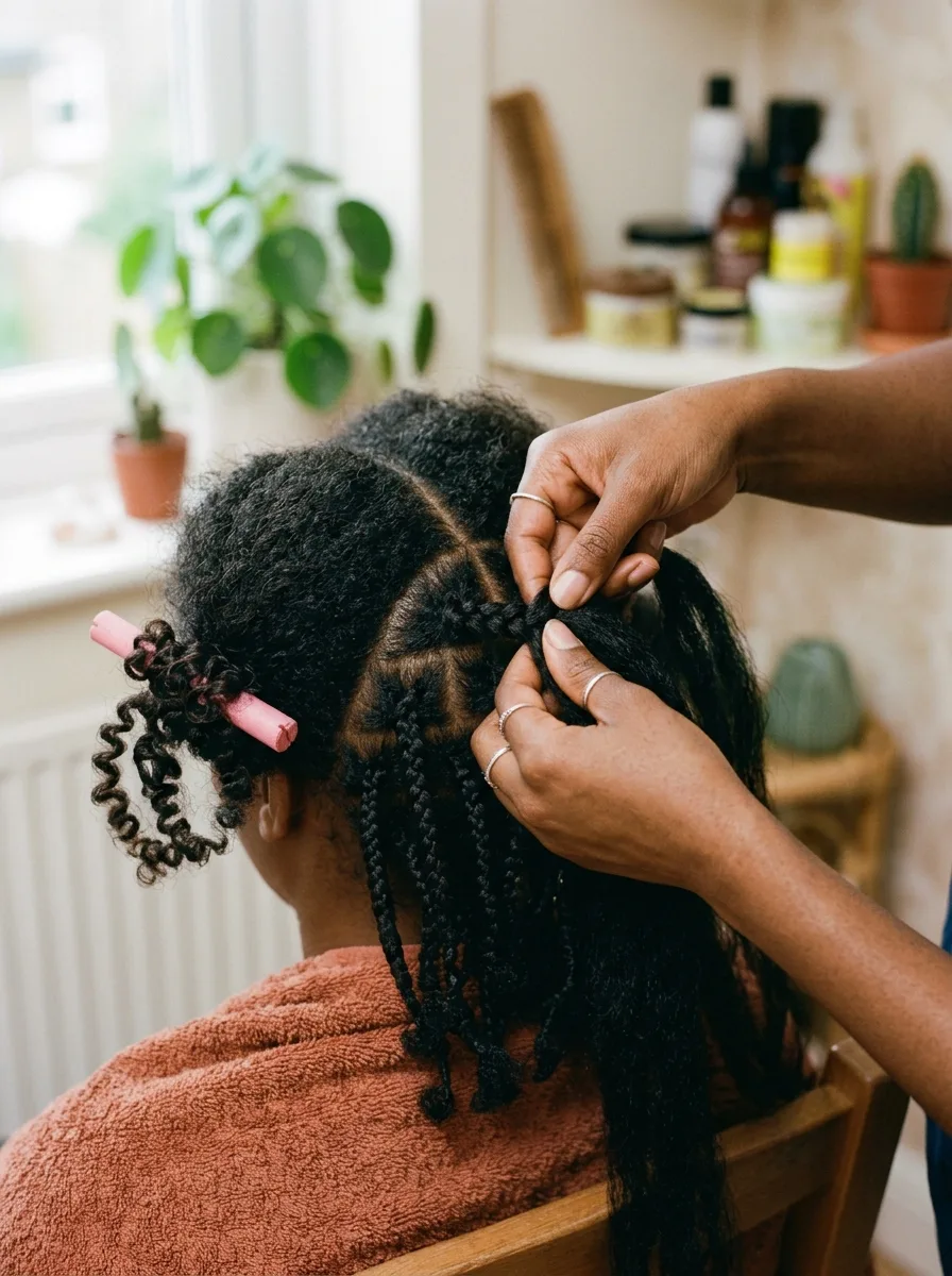 Braider's hands mid-technique, feeding hair into a knotless braid section with a curling rod nearby.