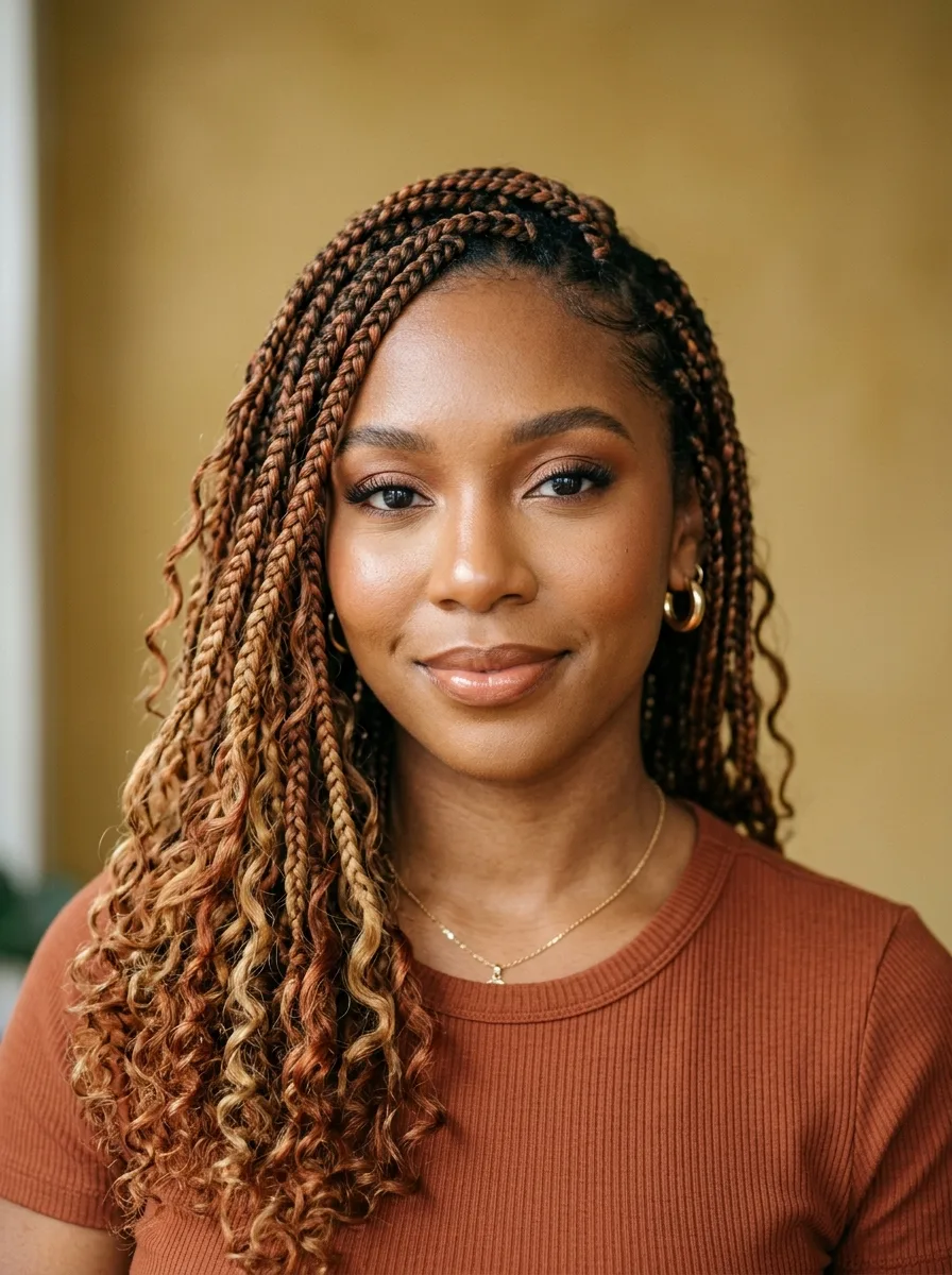 Finished boho box braid look styled with warm makeup, gold hoops, and a fine gold necklace.