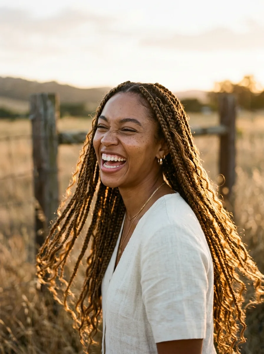 Outdoor golden-hour shot of boho box braids catching backlit sunlight against a grassy field.