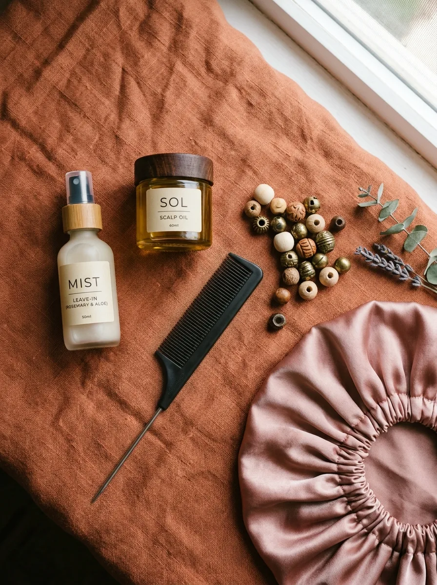 Flat-lay of boho braid care products — leave-in mist, scalp oil, wood beads, and a satin bonnet — on terracotta linen.