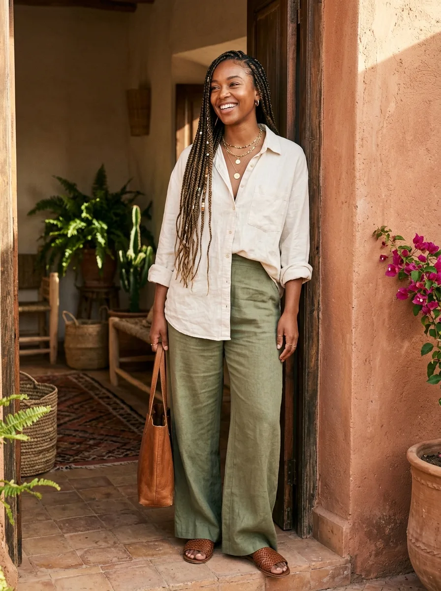 Full-length look pairing long boho box braids with a linen shirt and layered gold jewelry in a sunlit doorway.