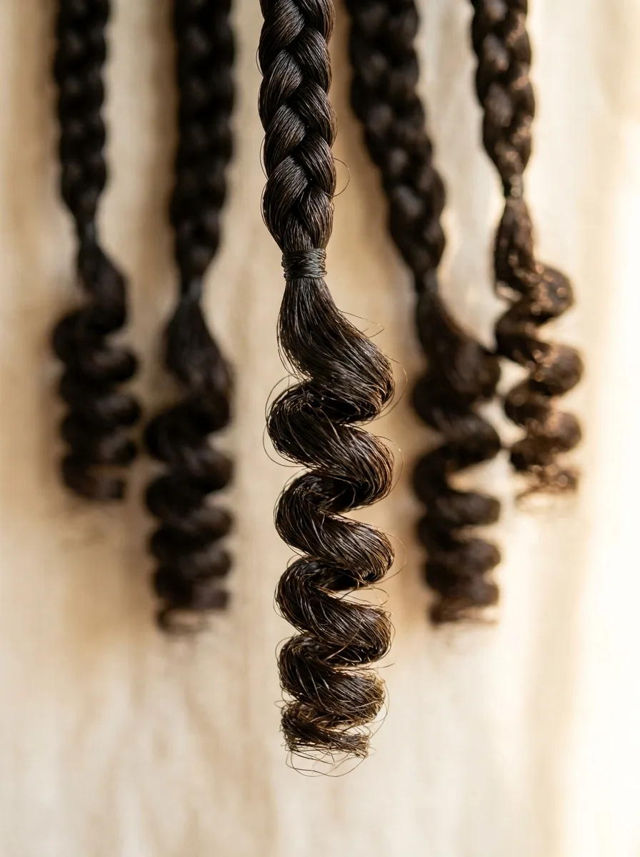 Close-up of boho braid ends where smooth braid transitions into spiral-curled, steam-set goddess curls.