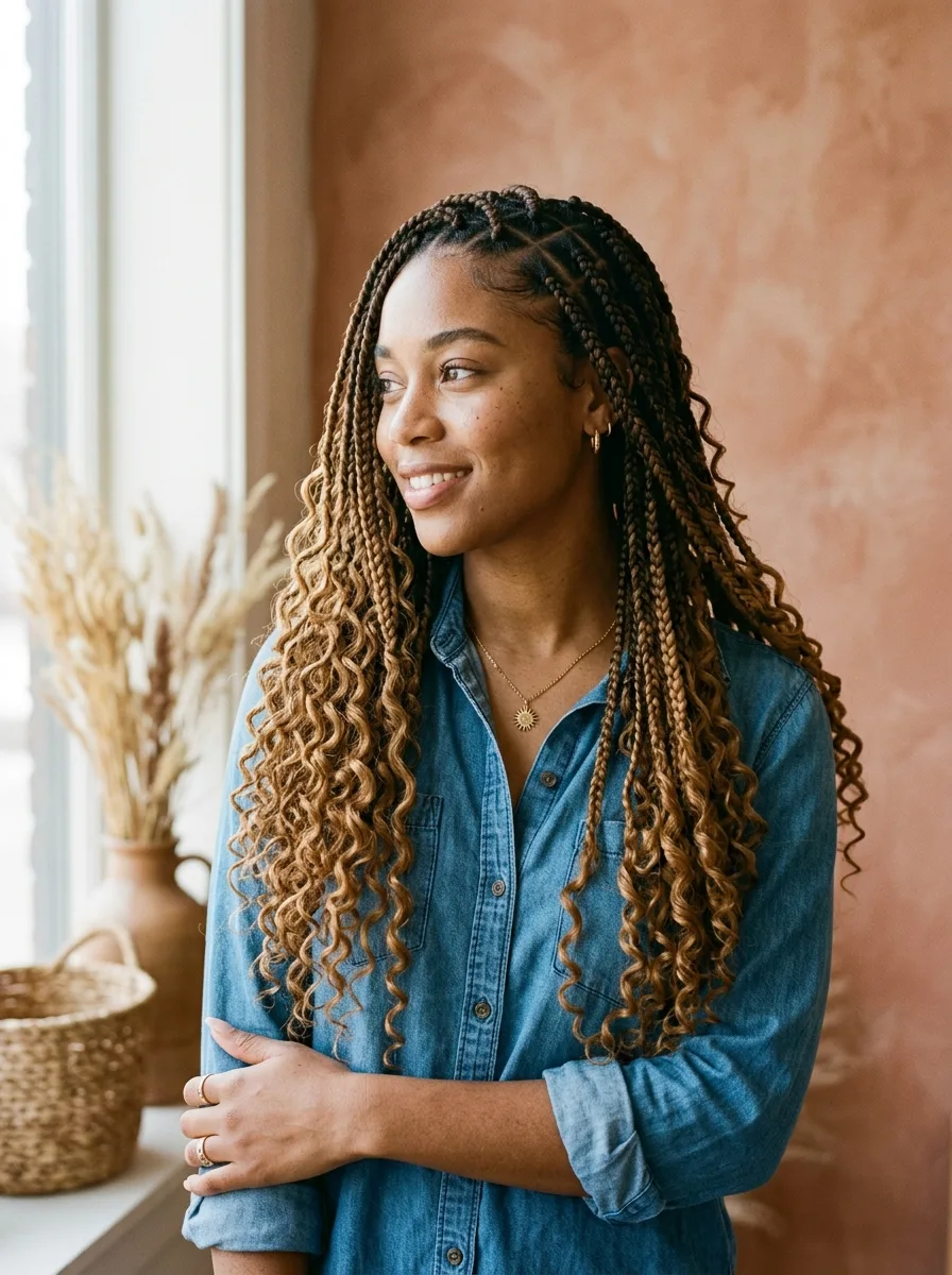 Woman with honey-caramel color-melt boho box braids, triangle-parted at the root with loose curly ends, standing against a terracotta plaster wall.