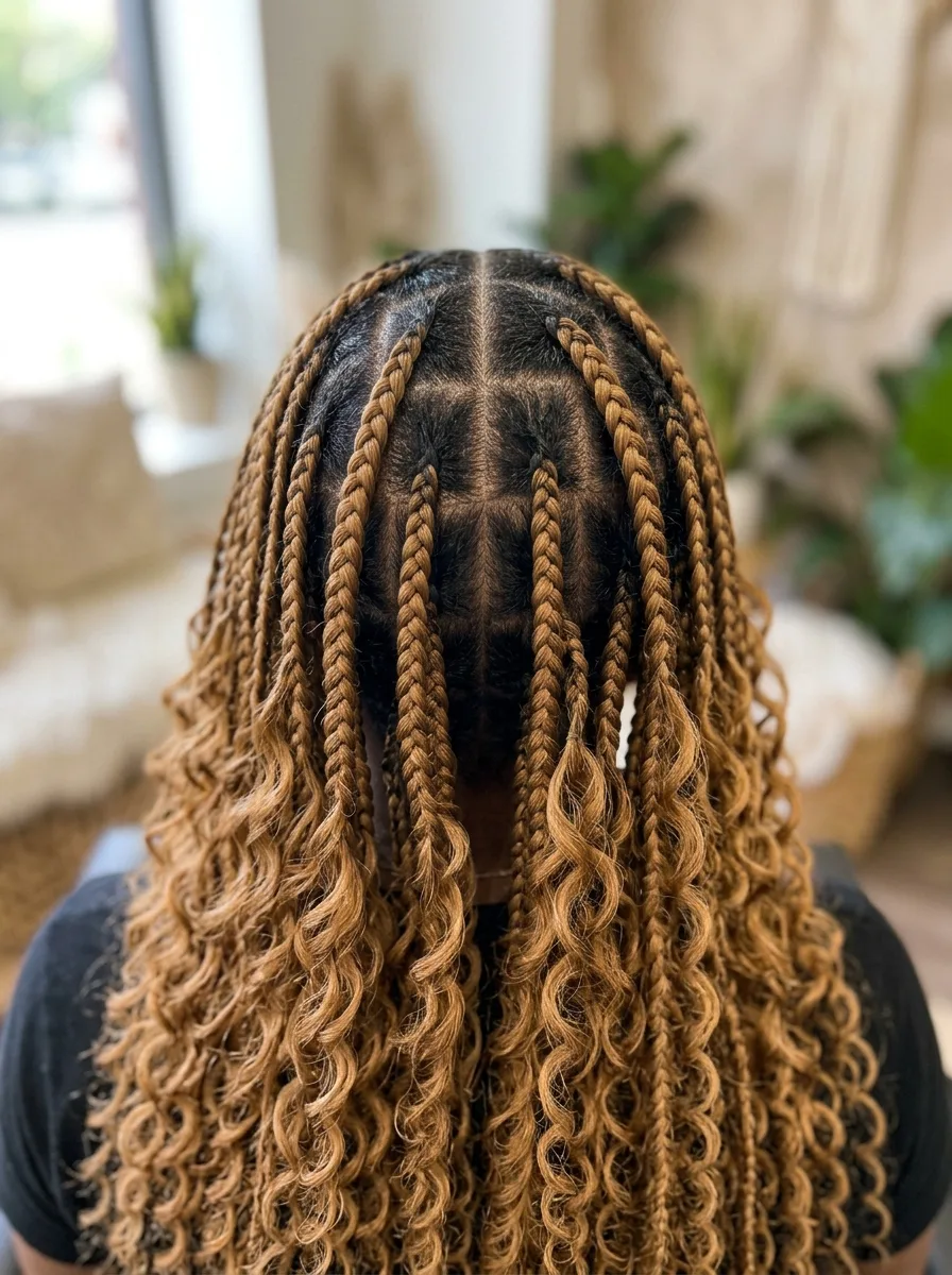 Close-up of the seamless, bump-free feed-in taper at the root of boho knotless braids.