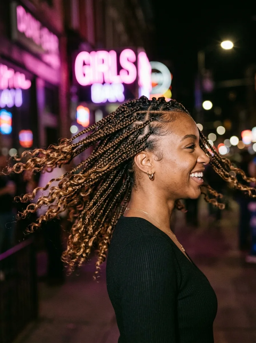 Side profile of shoulder-length boho knotless braids flaring in motion with soft neon-lit backdrop.