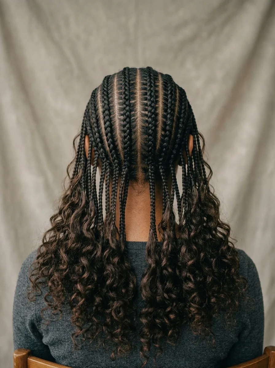 Back view of a straight-back feed-in row pattern on boho knotless braids, tapering into curly mid-lengths.
