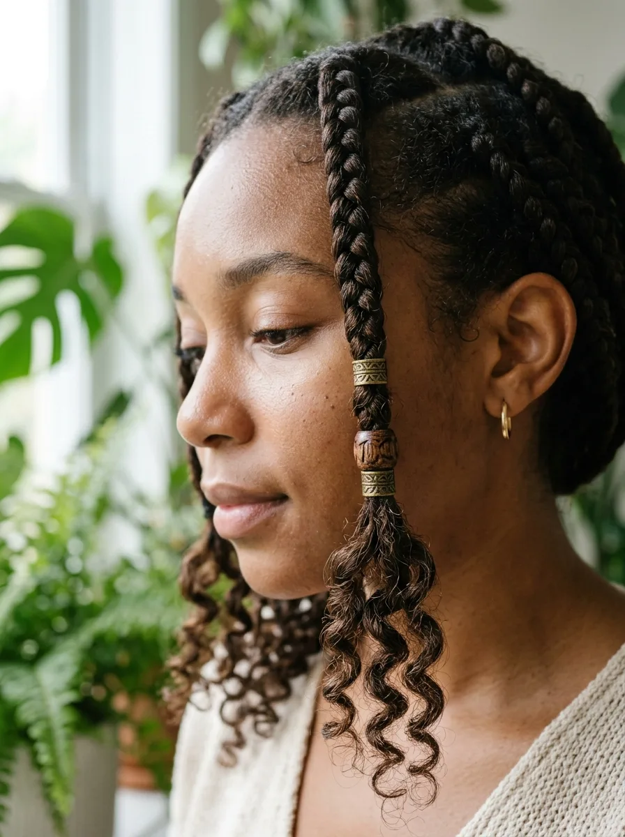 Detail of brass rings and a wood bead threaded onto a face-framing boho knotless braid.