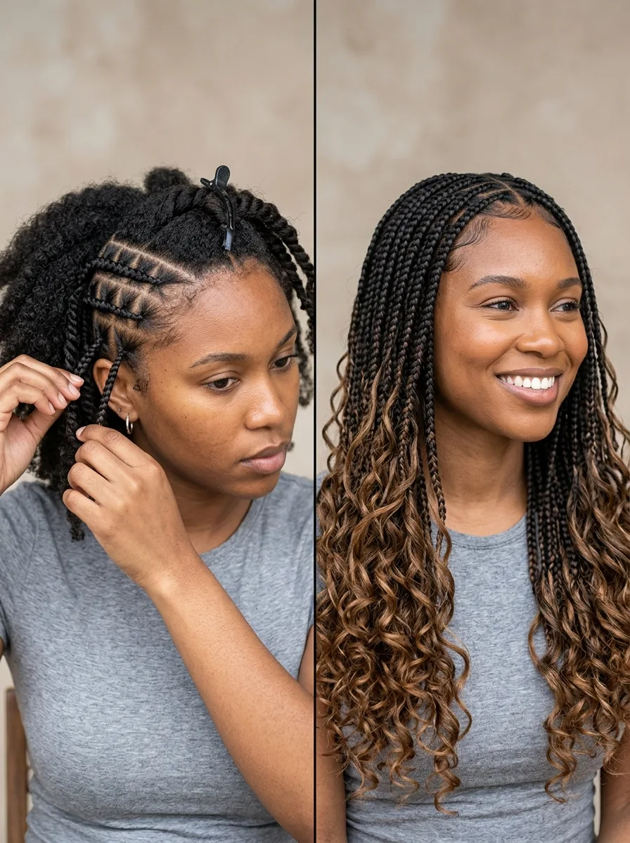 Before-and-after of a boho knotless braid install, from a few started feed-in rows to the finished curly look.