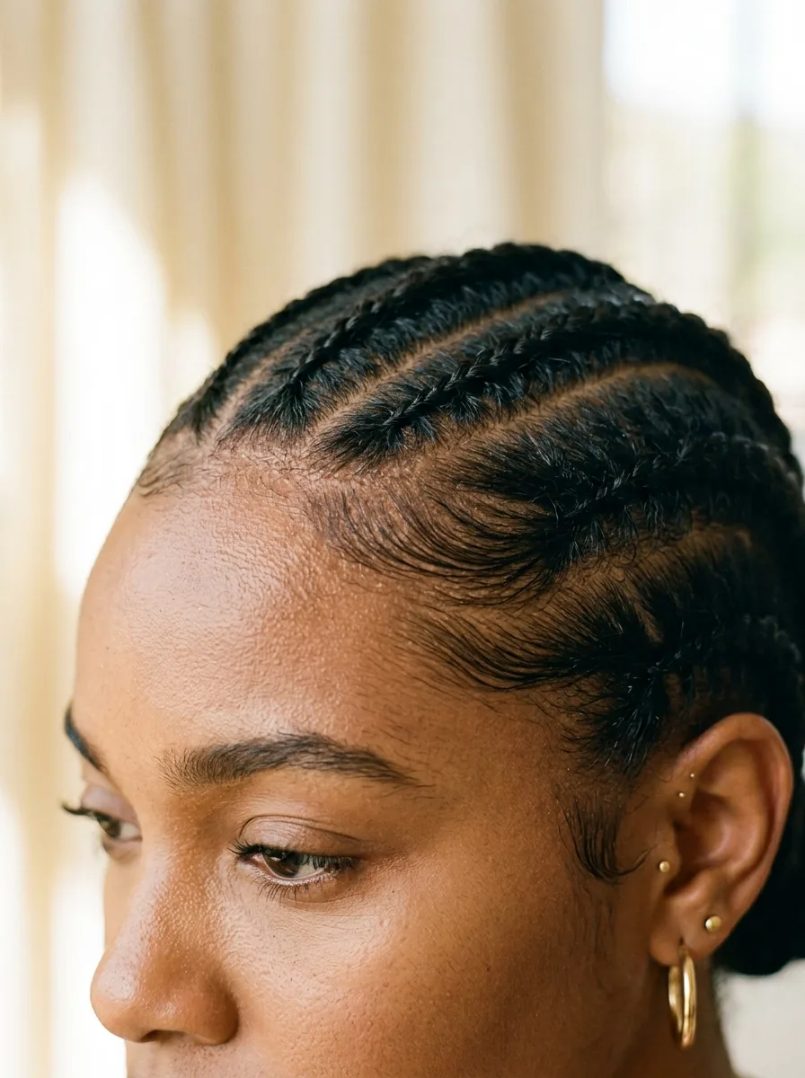 Close-up of a smooth, low-tension knotless braid hairline with baby hairs laid flat at the edges.