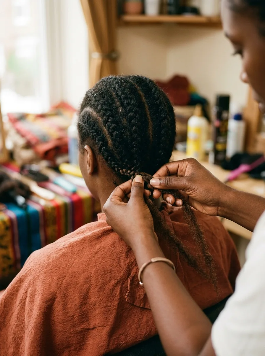 Braider's hands feeding synthetic hair into a knotless braid section a few rows down from the root.