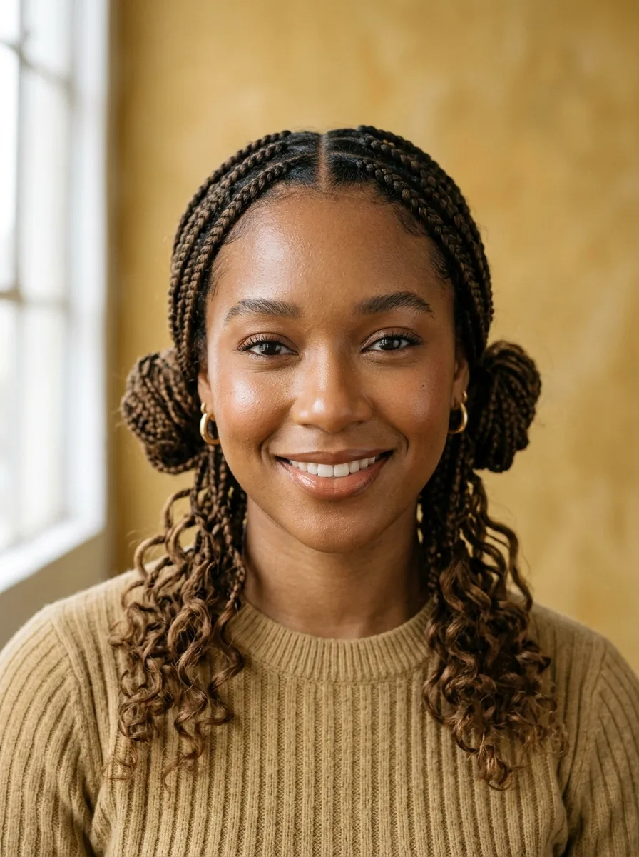 Boho knotless braids styled into two low space buns with curly ends left loose, finished with gold hoops.