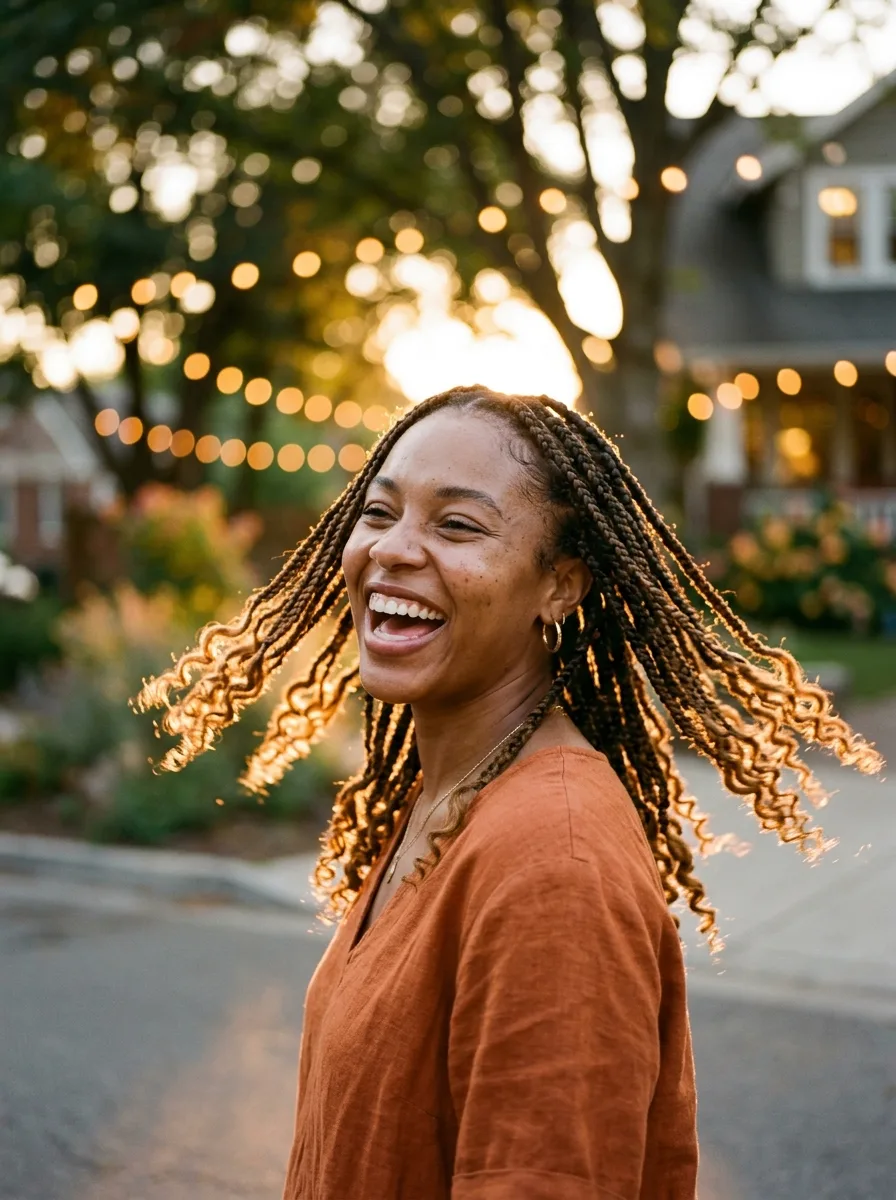 Outdoor golden-hour shot of boho knotless braids swinging with backlit curly caramel ends.
