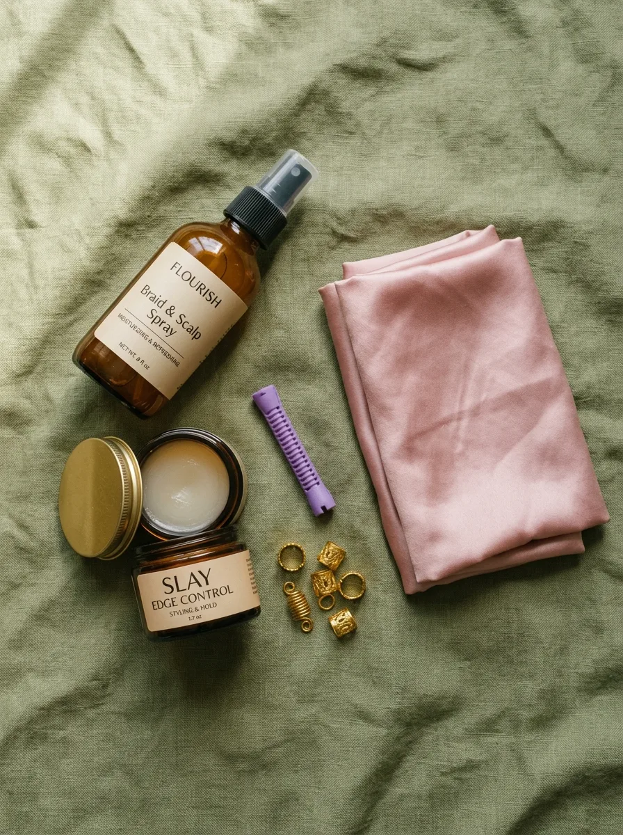 Flat-lay of boho knotless braid care products including braid spray, edge control, and a silk bonnet.