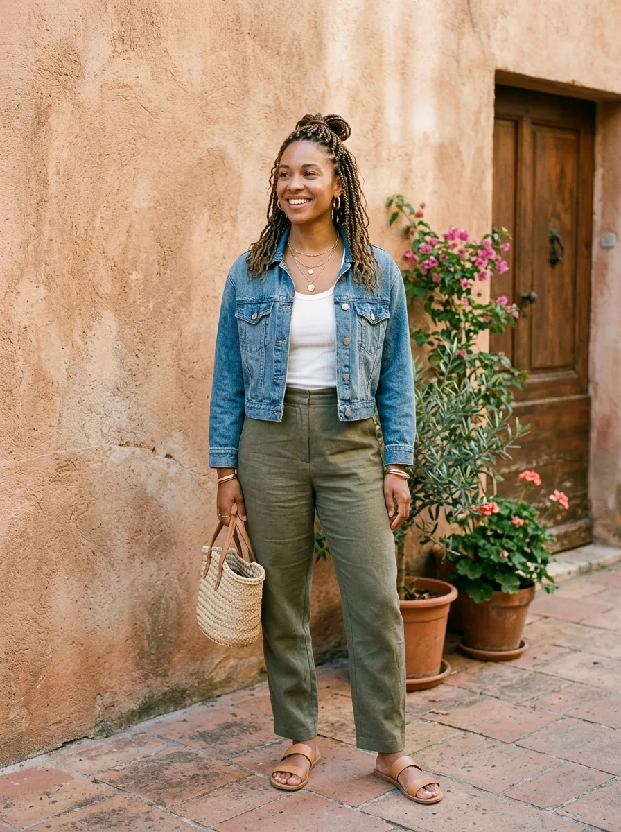 Full-length look pairing half-up boho knotless braids with a denim jacket and layered gold necklaces.