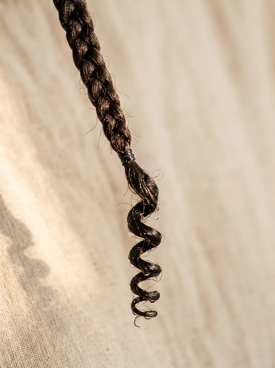 Close-up of knotless braid ends transitioning into fresh, water-set spiral curls.