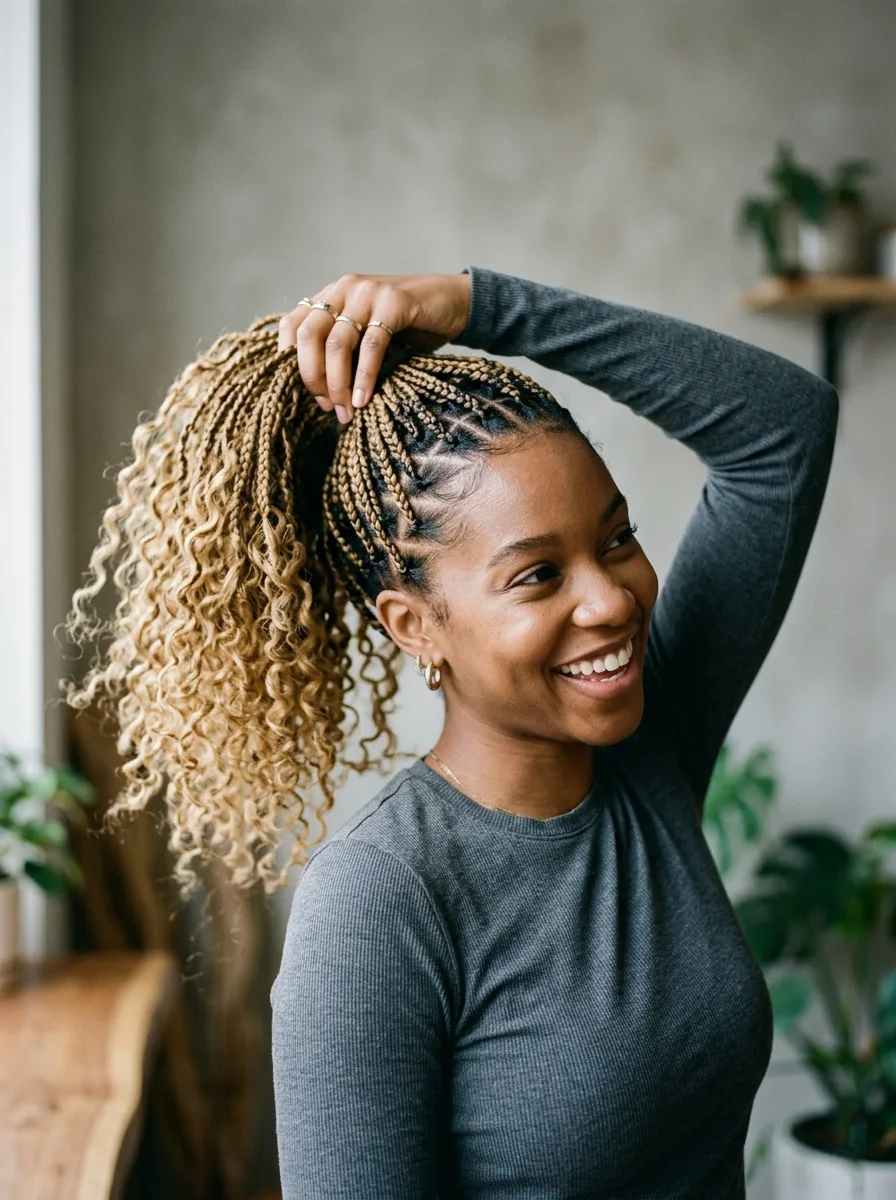 Woman gathering a high curly ponytail of honey-blonde boho knotless braids, tiny triangle parting visible at the crown.