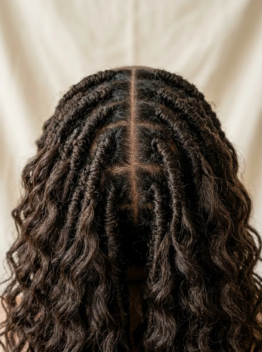 Close-up of a center-parted boho loc install with tight root wraps loosening into wavy texture.