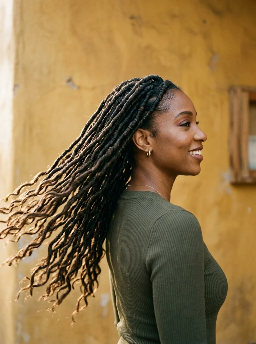 Side profile of long boho locs swaying in motion, wavy ends flaring against a mustard wall.
