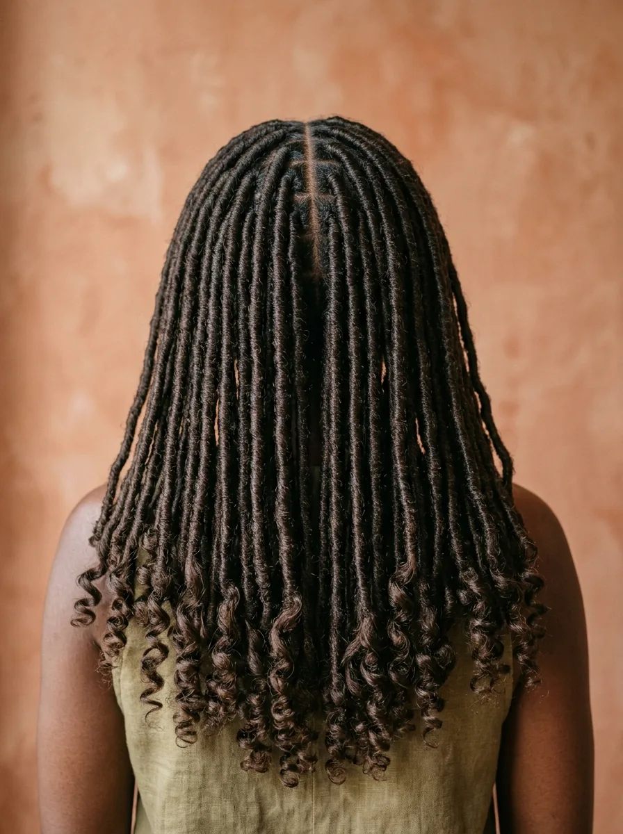 Back view of an even, center-parted boho loc wrap pattern tapering into curled tips.