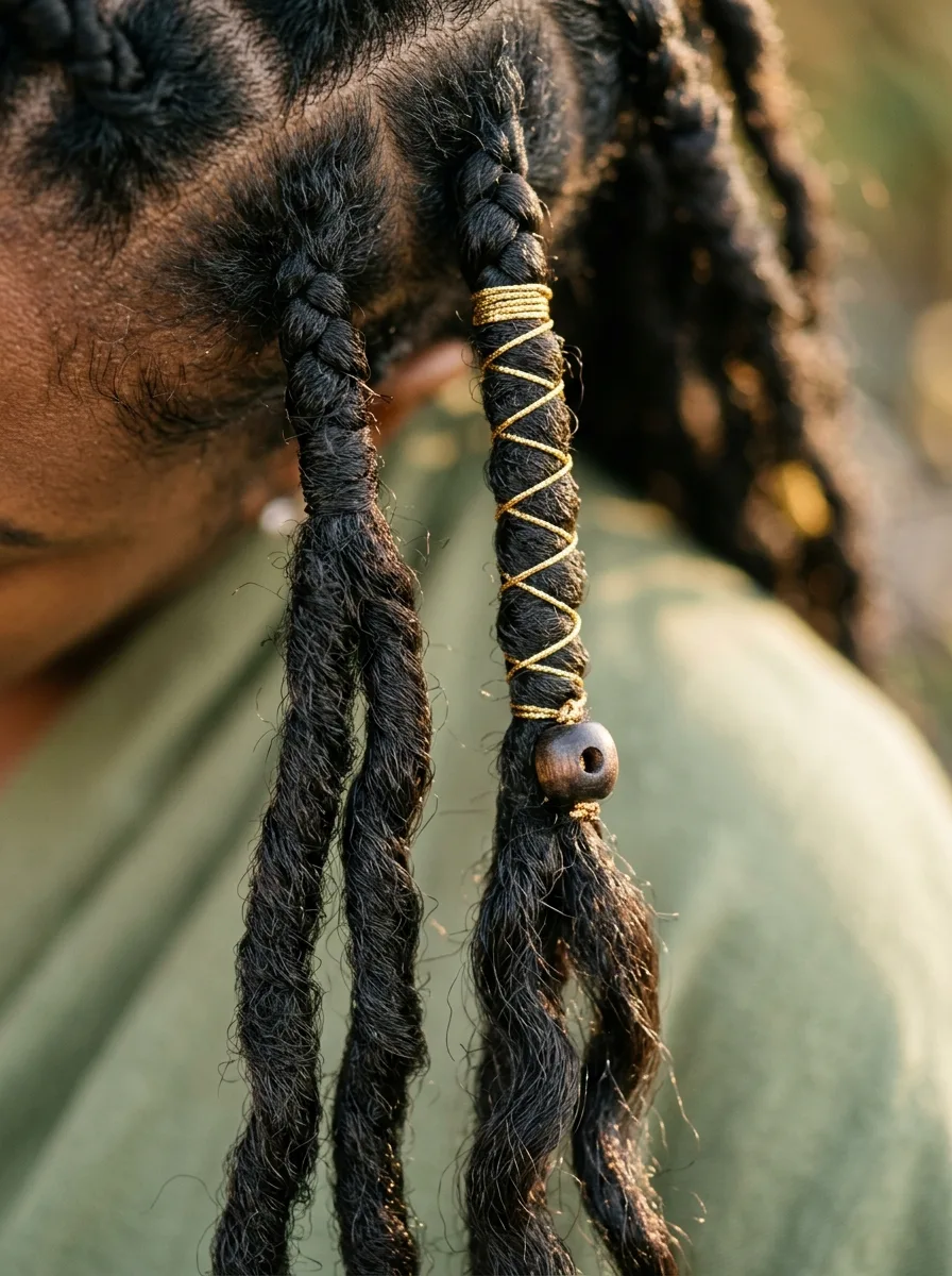 Detail of gold thread wrapped near the base of a goddess loc, finished with a wood bead.