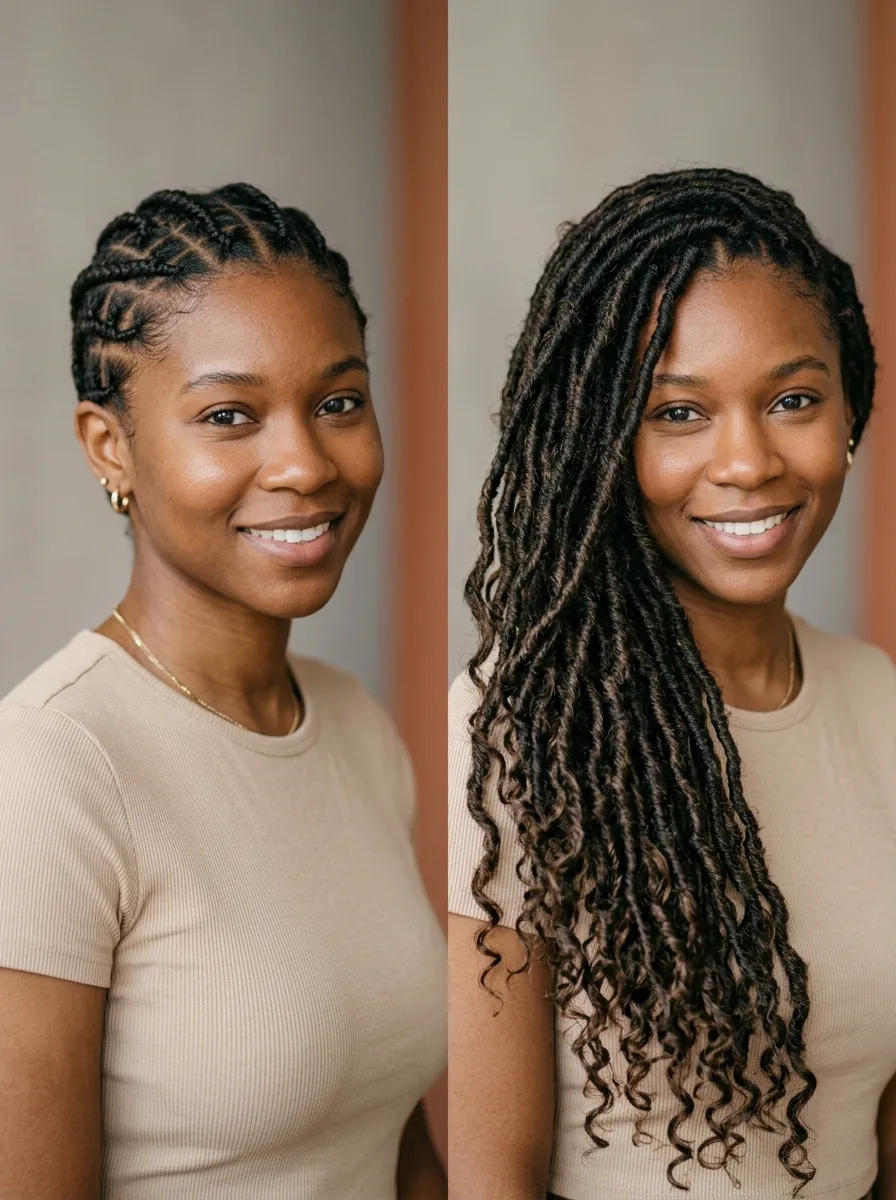 Before-and-after of natural hair braided into a base next to a finished boho loc install.