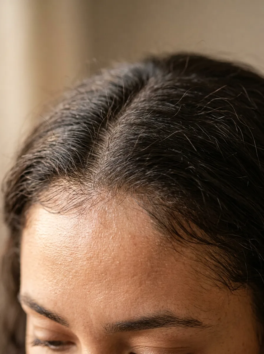 Close-up of a soft, undone center part and thin taper at the hairline of a boho loc install.