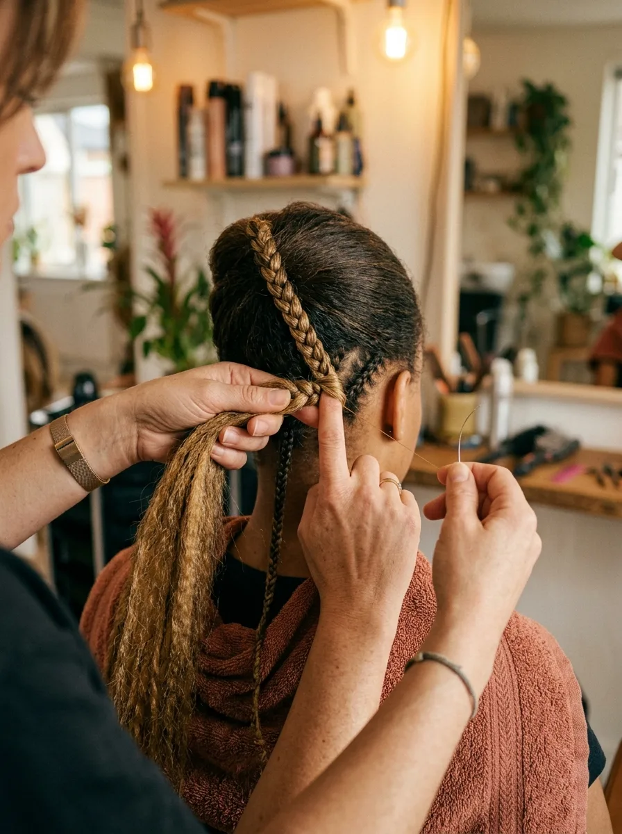 Stylist's hands wrapping extension hair around a braided base to build a boho loc.