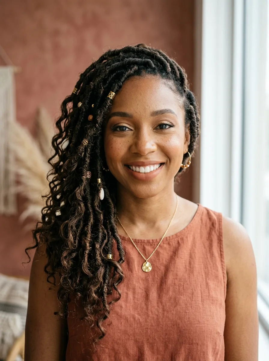 Finished boho goddess loc look gathered to one side, styled with a gold pendant necklace.