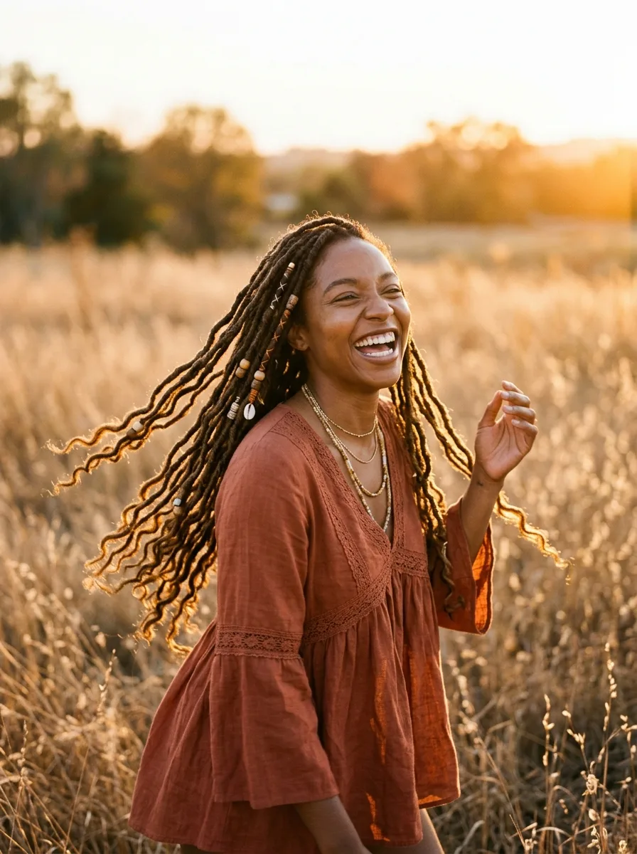 Outdoor golden-hour shot of waist-length boho locs swaying with backlit wavy ends.