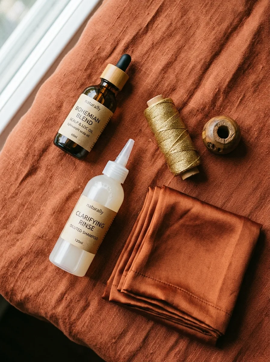 Flat-lay of boho loc care products — scalp oil, an applicator bottle, gold thread, and a satin bonnet.