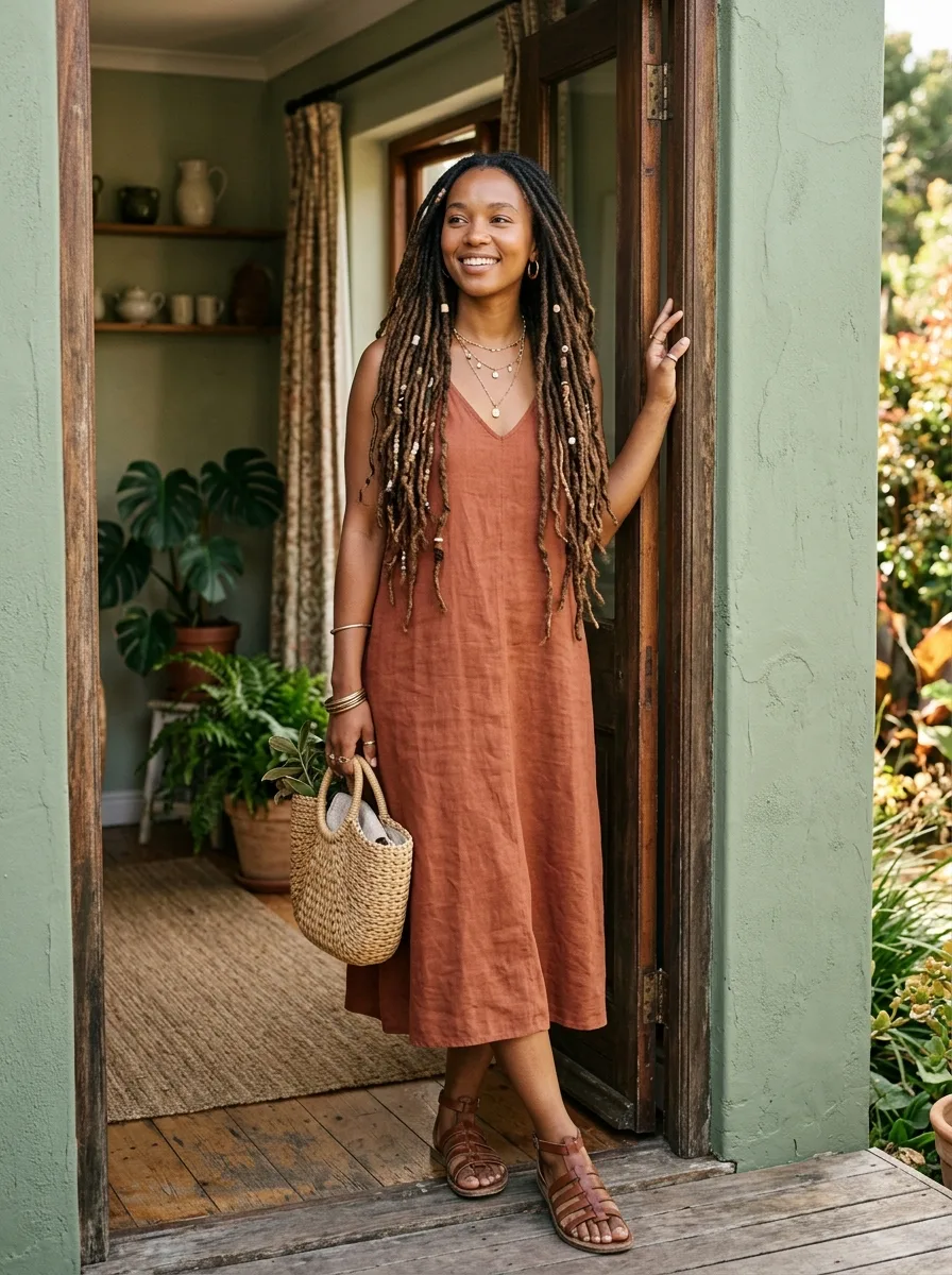 Full-length look pairing long boho locs with a rust midi dress and layered gold jewelry.