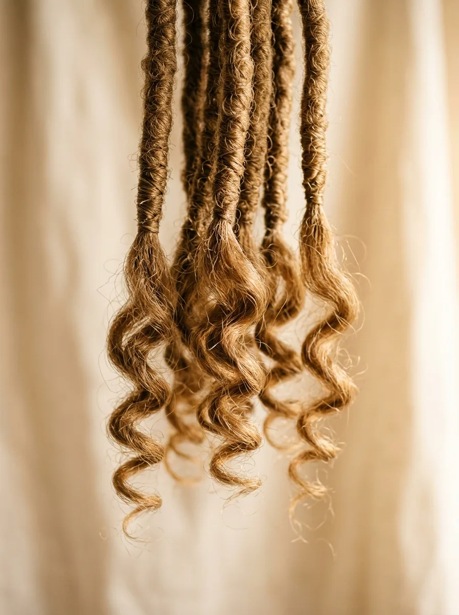 Close-up of boho loc ends where the tight wrap loosens into soft, hand-curled waves.