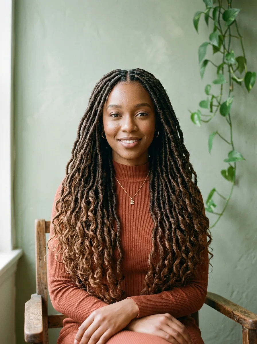 Woman with waist-length boho goddess locs, tightly wrapped at the root and loosely wavy at the ends, against a sage-green wall.