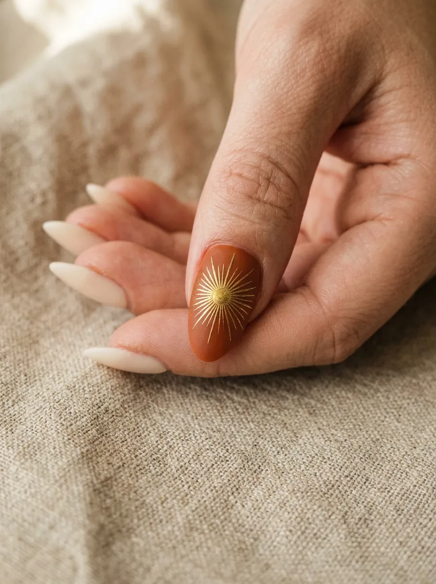 Macro close-up of an almond nail with a hand-painted gold sunburst accent on a rust base.