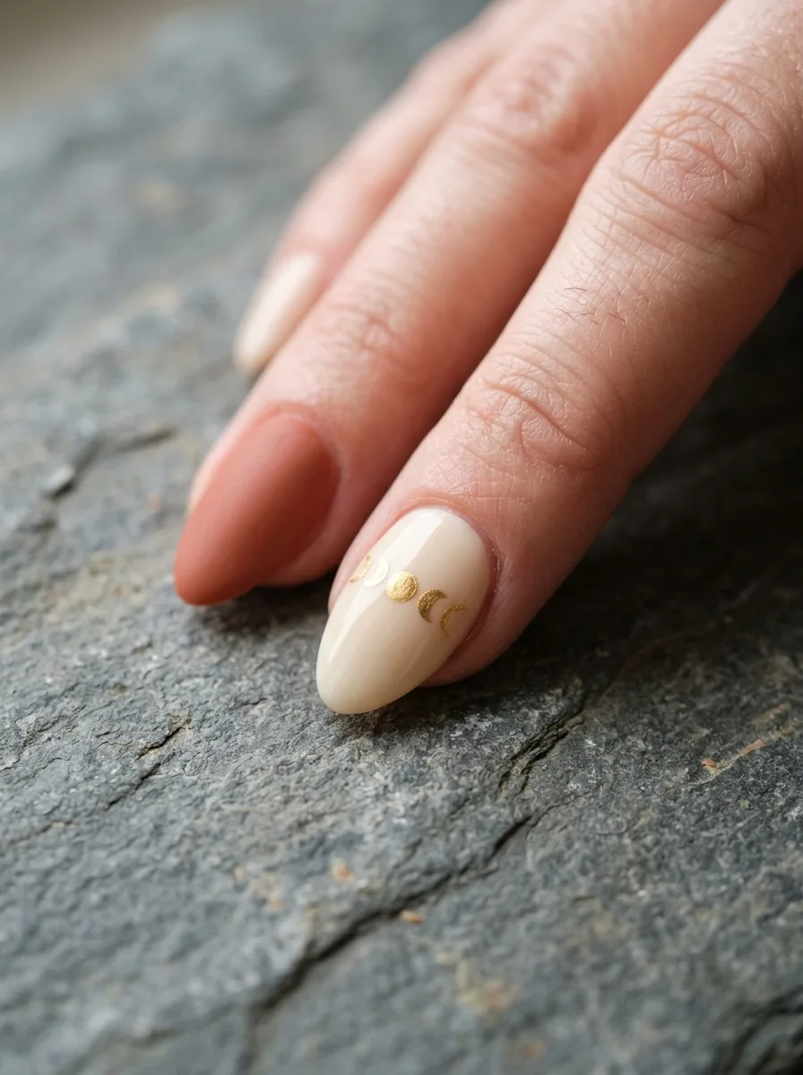 Macro close-up of a nail painted with a row of gold crescent moon phases on an ivory base.