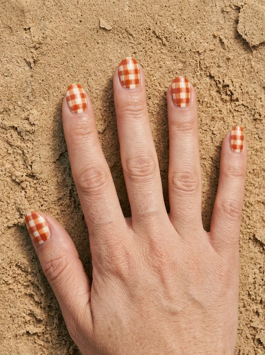 Close-up of five nails painted in a hand-drawn terracotta and cream gingham check pattern.