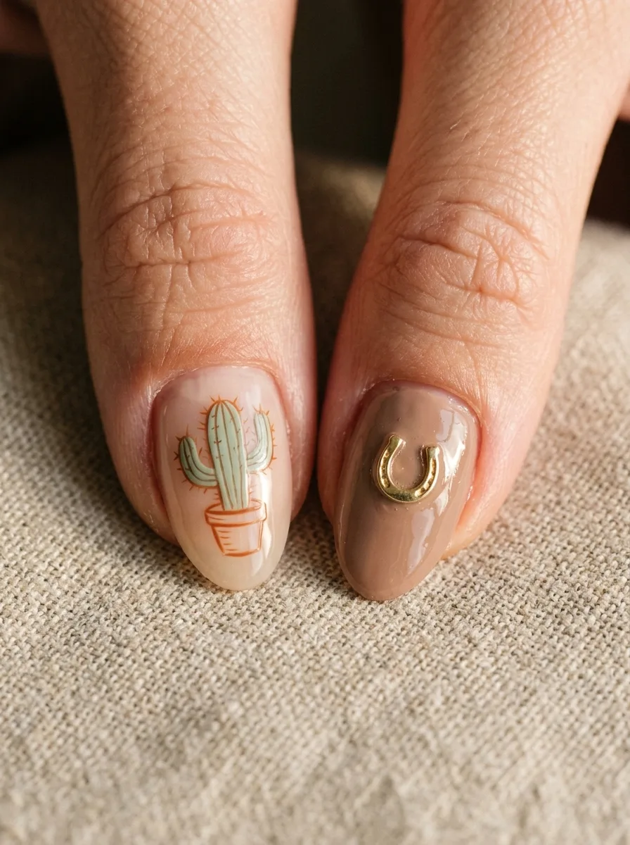 Macro detail of a hand-painted sage cactus nail beside a nail with a tiny gold horseshoe charm.