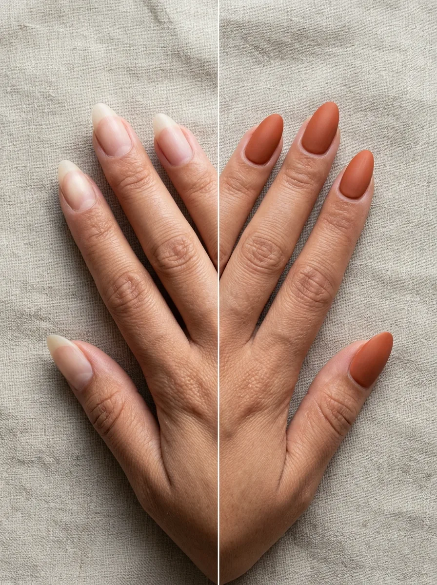 Before-and-after of bare almond nails next to the same nails finished in matte terracotta polish.