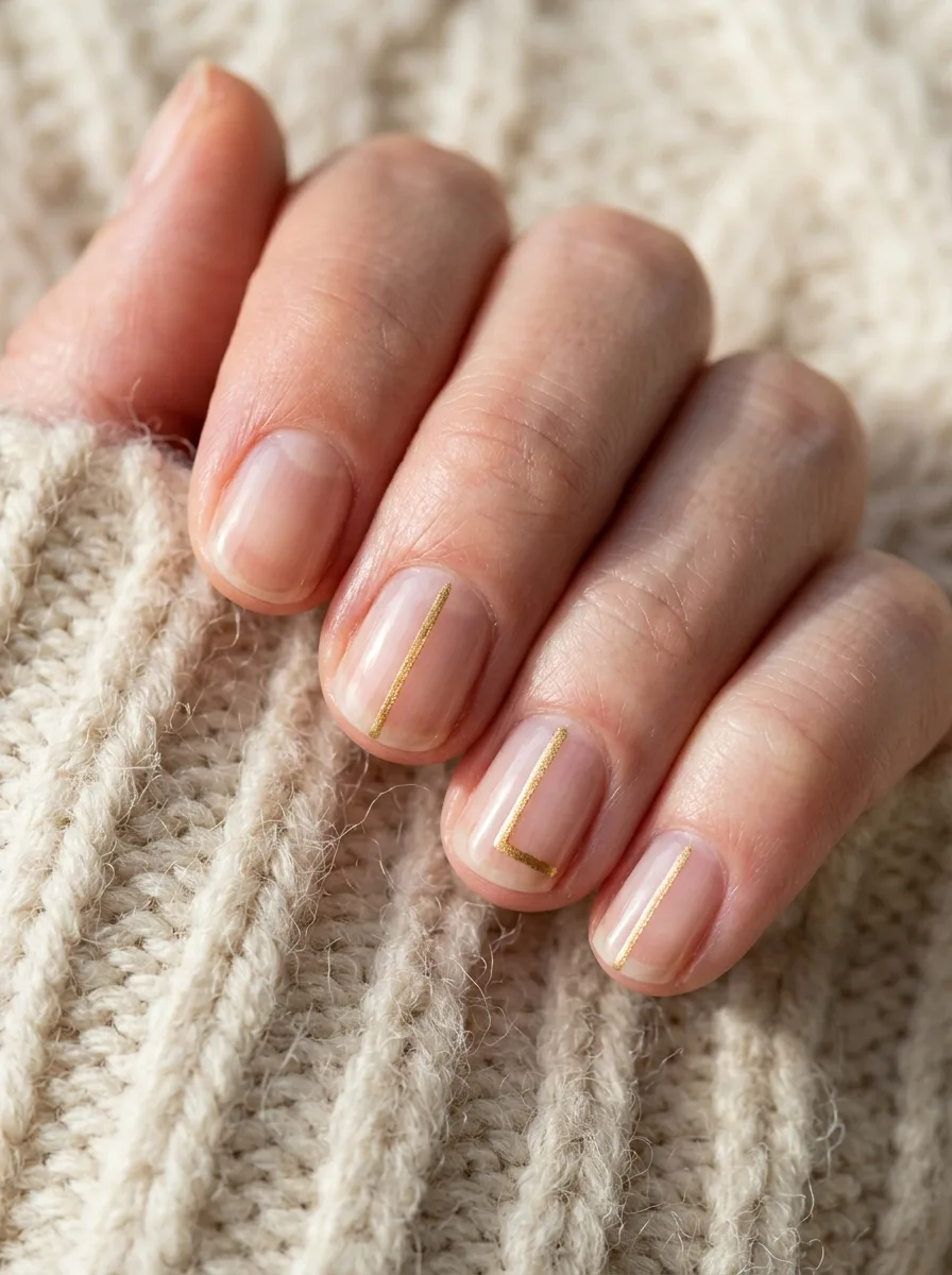 Macro close-up of nails with fine gold negative-space linework on bare, sheer nail.