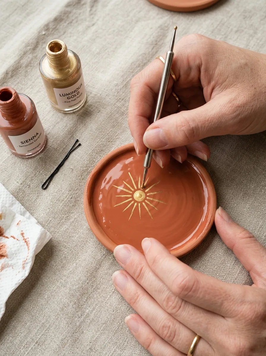 Overhead shot of a dotting tool hand-painting a gold sunburst design onto a small terracotta dish, with Sienna and Luminous Gold nail polish bottles and a bobby pin styled alongside.