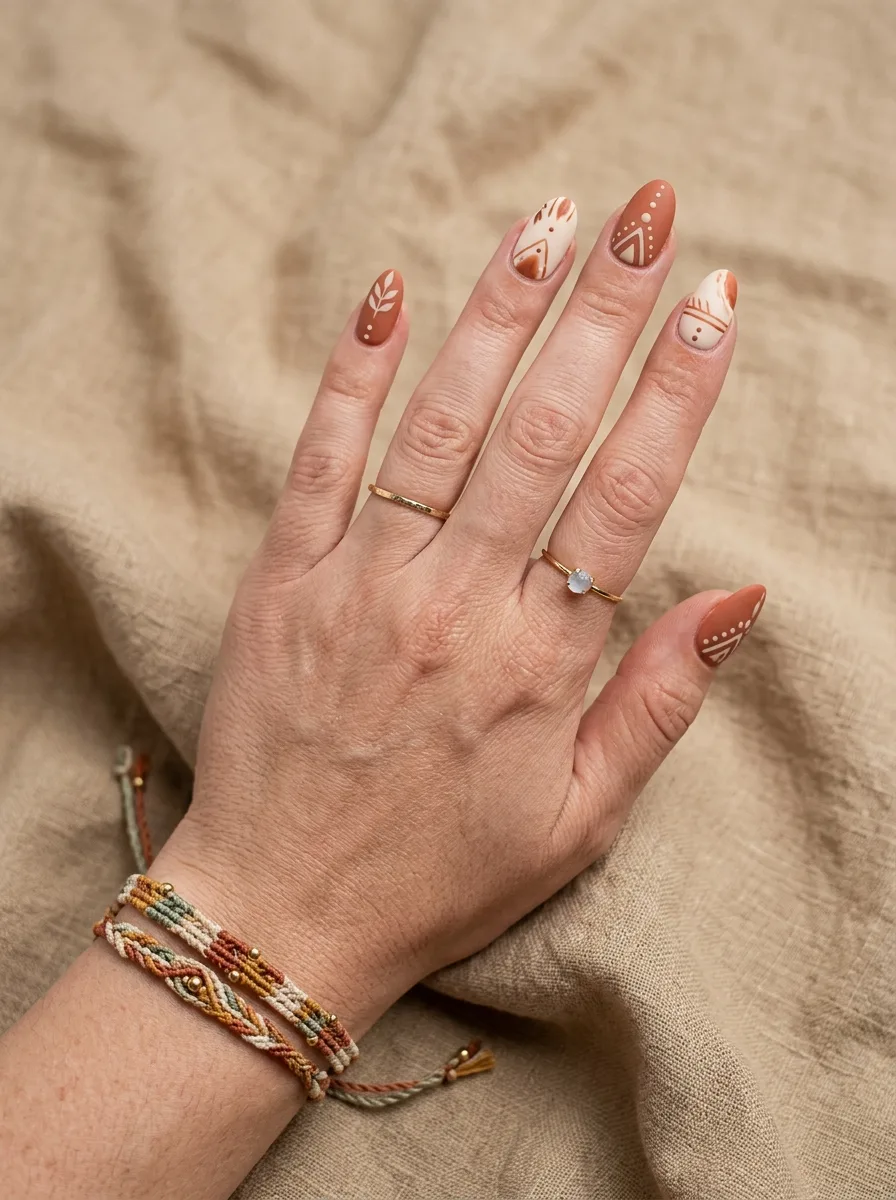 Hand with a finished terracotta and cream boho nail set, styled with thin gold rings.