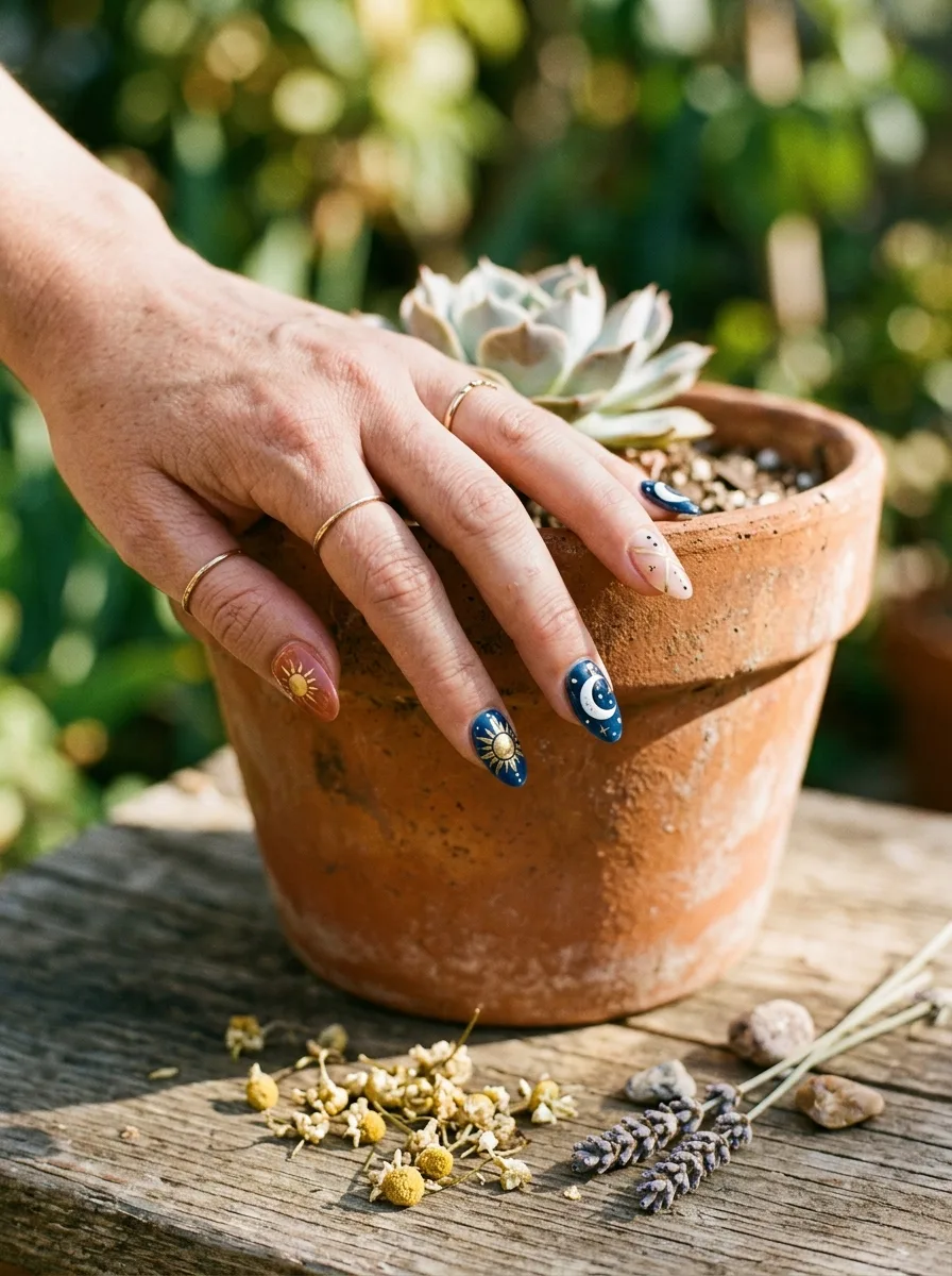 Close-up of a sun-and-moon boho nail set resting on a terracotta plant pot outdoors in natural light.