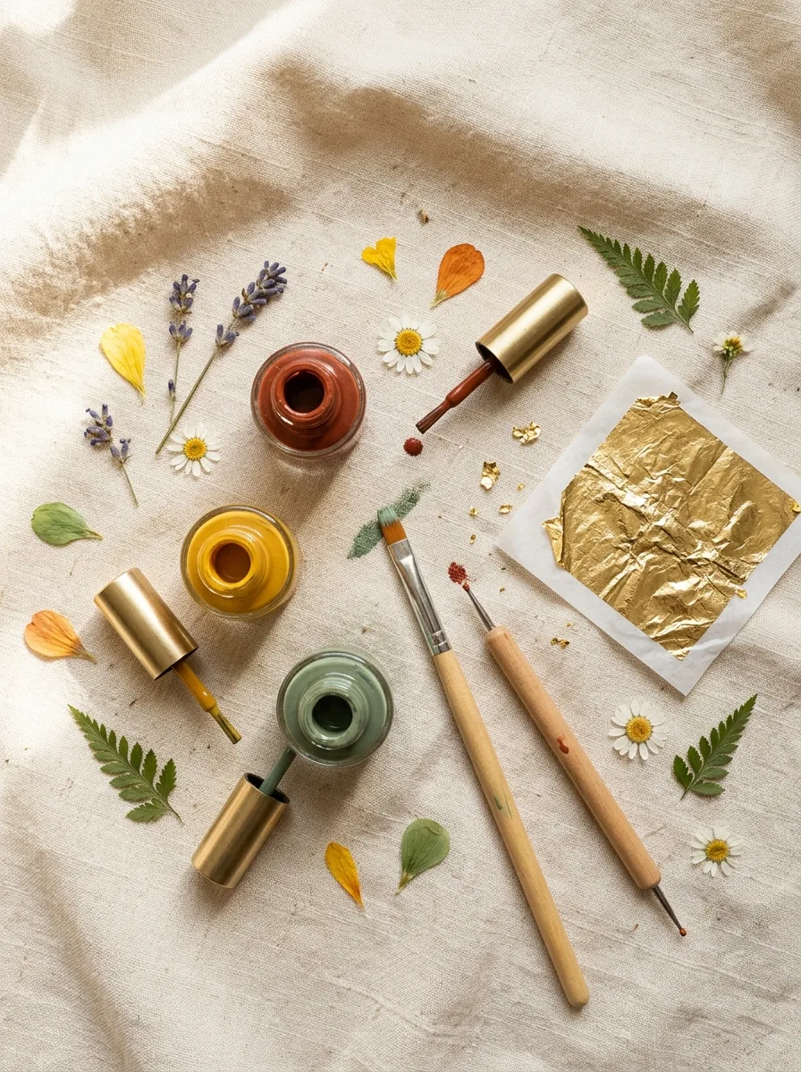 Flat-lay of boho nail art tools including a dotting tool, gold leaf sheet, and dried flowers.