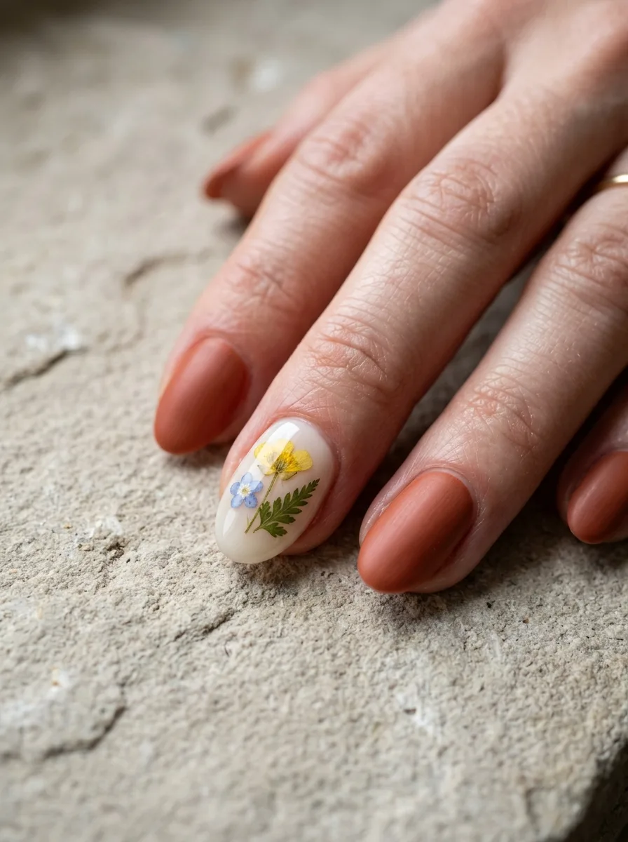 Macro close-up of a dried pressed flower sealed under top coat on an ivory accent nail.